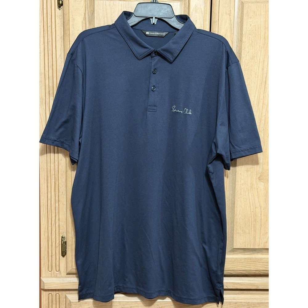 Travis Mathew Golf Polo Shirt Men's Size XL Navy Blue Short Sleeve "Sevens Club"